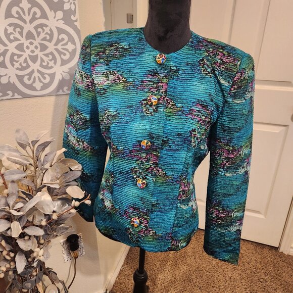 Beautiful Don Elliot Blue/Green Jeweled Button Jacket Size 6 - Picture 1 of 9